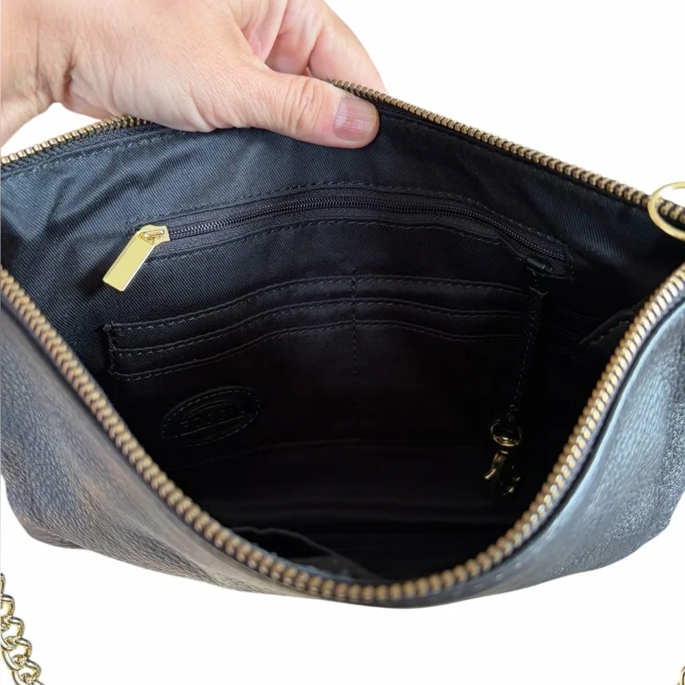 FOSSIL‎ BLACK LEATHER GOLD CHAIN CROSSBODY HANDBAG SHOULDER BAG PURSE